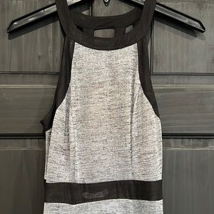 BCBG metallic silver and black trim elegant long dress